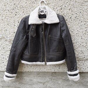 Vintage Leather Bomber Jacket with Sherpa Lining